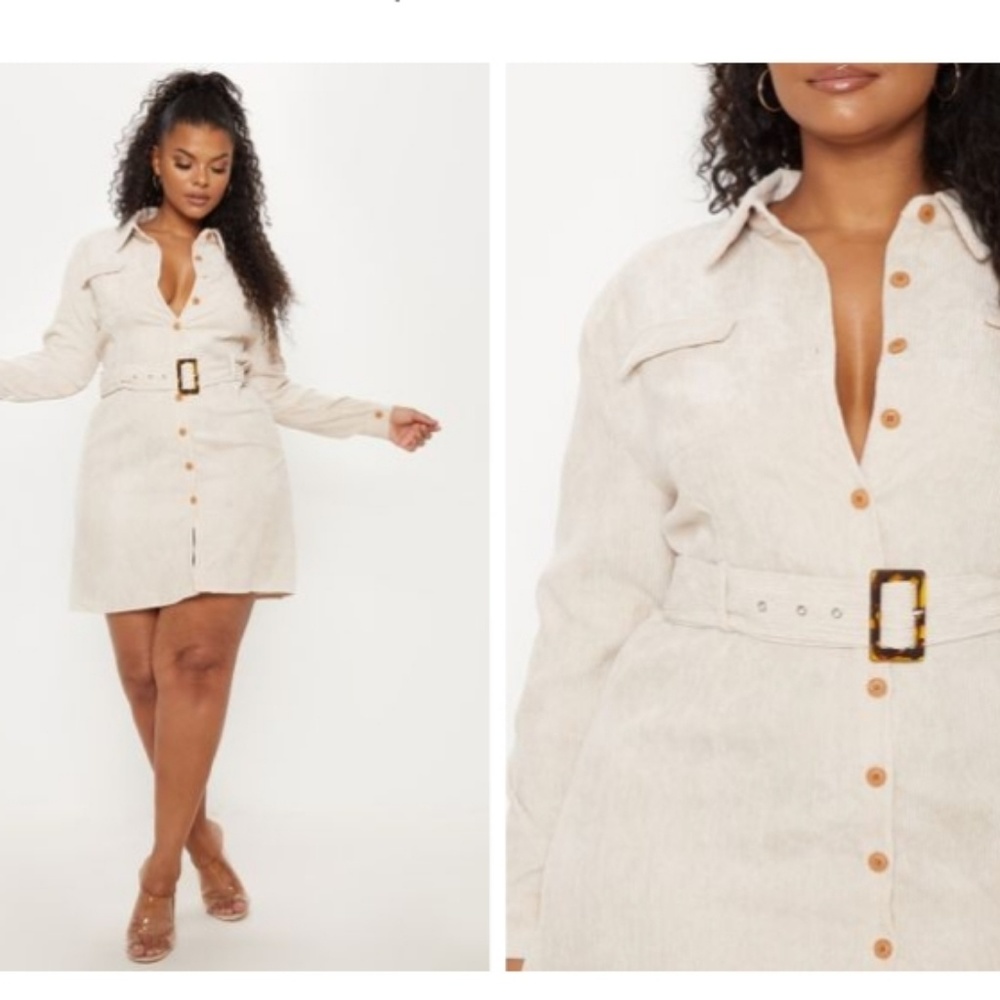 Pretty Little Thing Stone Corduroy Shirt Dress NEW